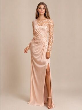 Tadashi Shoji Sequin Pintuck Lace Evening Gown/Champagne/ Size S NWT